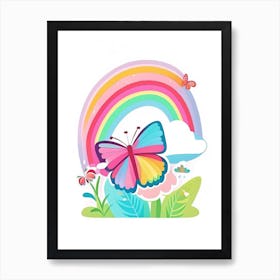 Butterfly On Rainbow Scandi Cartoon 2 Art Print