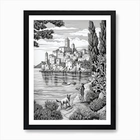 Drawing Of A Dog In Isola Bella, Italy In The Style Of Black And White Colouring Pages Line Art 01 Art Print