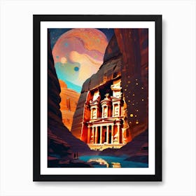 Petra Jordan Ancient Wonder ~ Travel Adventure Visionary Wall Decor Futuristic Sci-Fi Trippy Surrealism Modern Digital Psychedelic Spiritual Yoga Meditation Room Home Full Moon Wanderlust Art Print