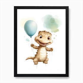 Baby Crocodile Flying With Ballons, Watercolour Nursery Art 1 Art Print