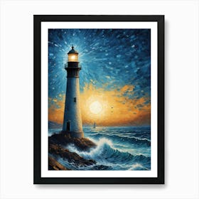 Lighthouse In The Storm Vincent Van Gogh Painting Style Illustration (1) Art Print