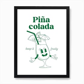 Pina Colada Cocktail Vintage Retro Cartoon Illustration In Green Art Print