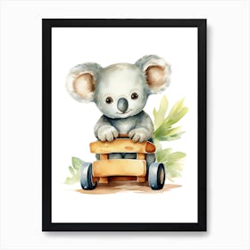 Baby Koala On A Toy Car, Watercolour Nursery 3 Art Print