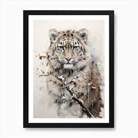 Snow Leopard, Japanese Brush Painting, Ukiyo E, Minimal 4 Art Print