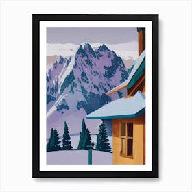 Snowy Snow Capped Mountains Chalet Ski Lodge Art Print