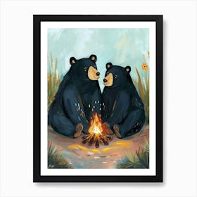 American Black Bear Two Bears Sitting Together Storybook Illustration 3 Art Print