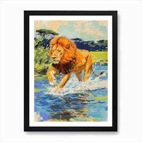 Masai Lion Crossing A River Fauvist Painting 4 Art Print