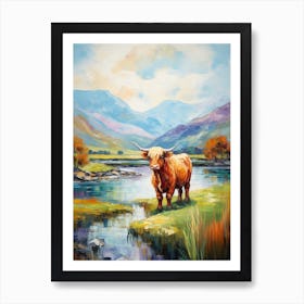 Impressionism Style Painting Of A Highland Cattle In The River 2 Art Print