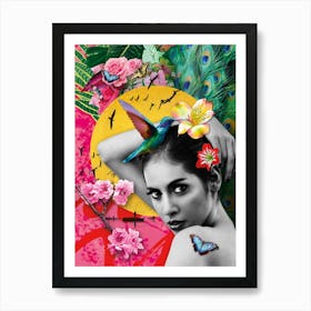 Colourful Oriental Inspired Botanical Art With Girl And Humming Bird Art Print