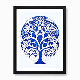 Tree Of Life Symbol Blue And White Line Drawing Art Print
