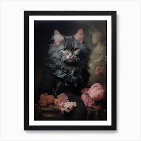 Black & Pink Cat Rococo Style 8 Art Print