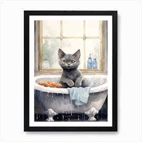 Russian Blue Cat In Bathtub Botanical Bathroom 1 Art Print