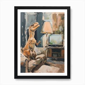 Dinosaur In The Living Room With A Tv Art Print