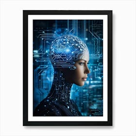 Abstract Painting Of A Cybernetic Human Head Integrating Seamlessly With A Futuristic Security Conce (5) Art Print