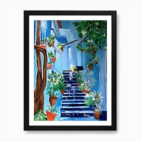 Blue House With Potted Plants Art Print