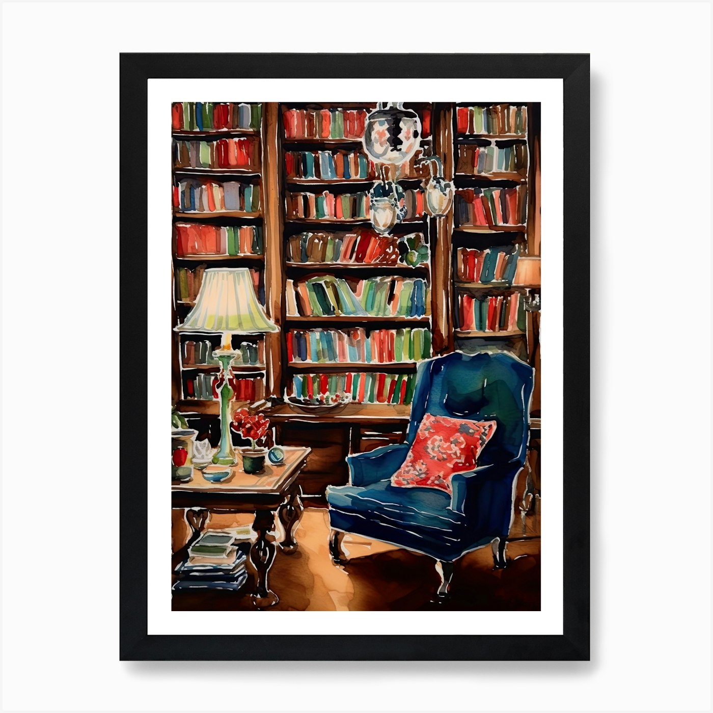 Blue Chair In A Library Art Print Framed Wall Art Poster Canvas Print Picture - Picture 2 of 4