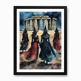 Spell Night - Witches Coven Meet at Stonehenge on a Full Moon - Winter Solstice Witchcraft Fairytale Witch Best Friends Magick Moon Gazing Wishes Manifesting Stone Circles Watercolor Art by Lyra the Lavender Witch Art Print
