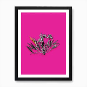 Vintage Dwarf Crested Iris Black and White Gold Leaf Floral Art on Hot Pink n.0562 Art Print