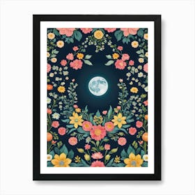 Painted Summer Flowers and Full Moon Boho Pattern on a Full Moon - Navy Background, Stars, Moon Art Like Amy Butler and William Morris Fabric Print For Lunar Pagan Gallery Feature Wall Floral Botanical Luna Lover HD Art Print