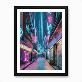 Cyberpunk Alley With Neon Signs And Holograms Art Print