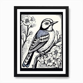 B&W Bird Linocut Blue Jay 1 Art Print