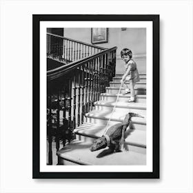 Girl Walking Baby Alligator, Vintage Black and White Old Photo Art Print