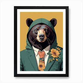 Floral Black Bear Portrait In A Suit (2) Art Print