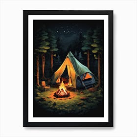 Retro Illustrations Tent In A Forest With A Camp Fire Nostalg 1 Art Print