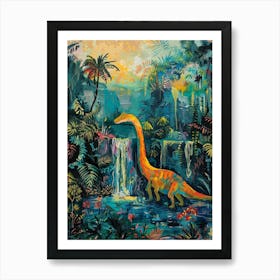 Dinosaur By A Waterfall Landscape Painting 1 Art Print