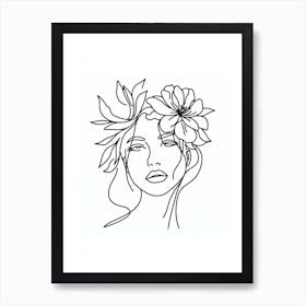 Woman's Face With Flower Line Art Art Print