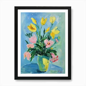 Yellow And Pink Tulips Still Life On Blue Background Art Print