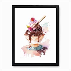 Chocolate Brownie Sundae Dessert Pastel Watercolour Flower Art Print