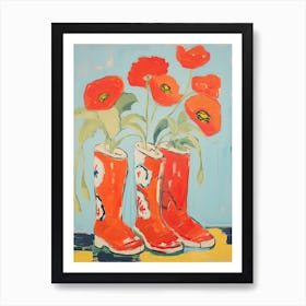 Painting Of Red Flowers And Cowboy Boots, Oil Style 3 Art Print