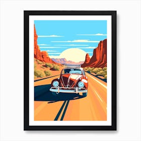 A Volkswagen Beetle Car In Route 66 Flat Illustration 2 Art Print