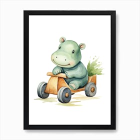 Baby Hippopotamus On Toy Car, Watercolour Nursery 0 Art Print