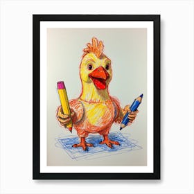 Chicken Holding Pencils Art Print