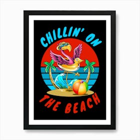 A Funny Flamingo Chilling On The Beach Wearing a Rubber Duck Inner Tube, Sunset and Waves Art Print