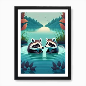 Two Curious Raccoons Swimming Art Print