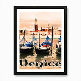 Venice, Gondolas On City Port Art Print