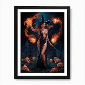 Sexy Gorgeous Witch with Fireballs Painting #2 Art Print