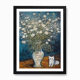 Still Life Of Queen Anne’S Lace With A Cat 7 Art Print