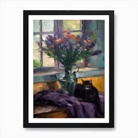 Flower Vase Lavender With A Cat 2 Impressionism, Cezanne Style Art Print