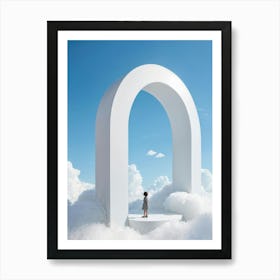 Cumulus Clouds Morph Into An Abstract Cartoon Style Portal Where A Solitary Figure Levitates Their Art Print