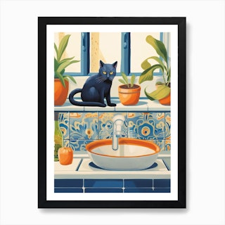 Black Cat In The Kitchen Sink, Mediterranean Style 4 Art Print