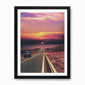 Retro Jeep On The Road At Sunset Art Print