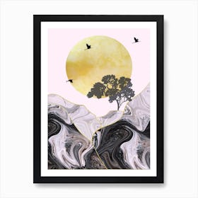 Gold Sun With Birds & Tree Mountain Abstract Art Print