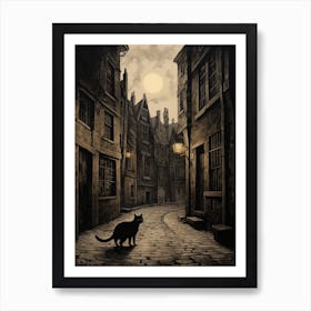 Black Cat Roaming A Smoky Medieval Street Art Print