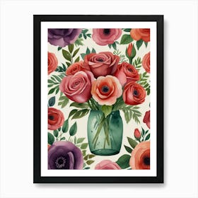 Watercolor Roses In A Vase Art Print