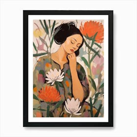 Woman With Autumnal Flowers Protea 1 Art Print