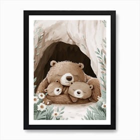 Sloth Bear Family Sleeping In A Cave Storybook Illustration 3 Art Print